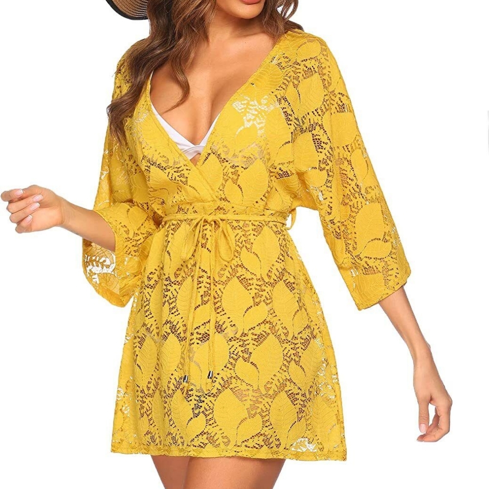 Goldenrod Yellow Lace Beach Swimsuit Cover Up Tropical Pattern